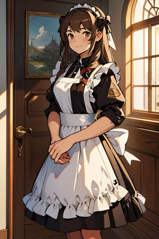 Young woman long brown hair brown eyes wearing maid outfit with black bow in her hair