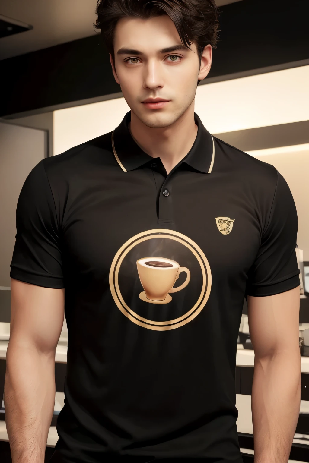 Please create a black polo t-shirt design with the brand name "Coffee break" in gold