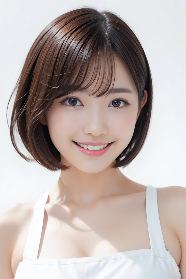 (Highest quality、Tabletop、8k、Best image quality、Award-winning works)、1. pretty girl、(Short Bob Hair:1.1)、(Naked with a white apron:1.2)、Perfect girl portrait photo、Glowing Skin、Brown Hair、(Large Breasts:1.5)、Cleavage、(Accentuate your body lines:1.1)、Standing Elegantly、(Face close-up:1.4)、Woman looking up at me、Cute Smile、(The simplest solid white background:1.5)