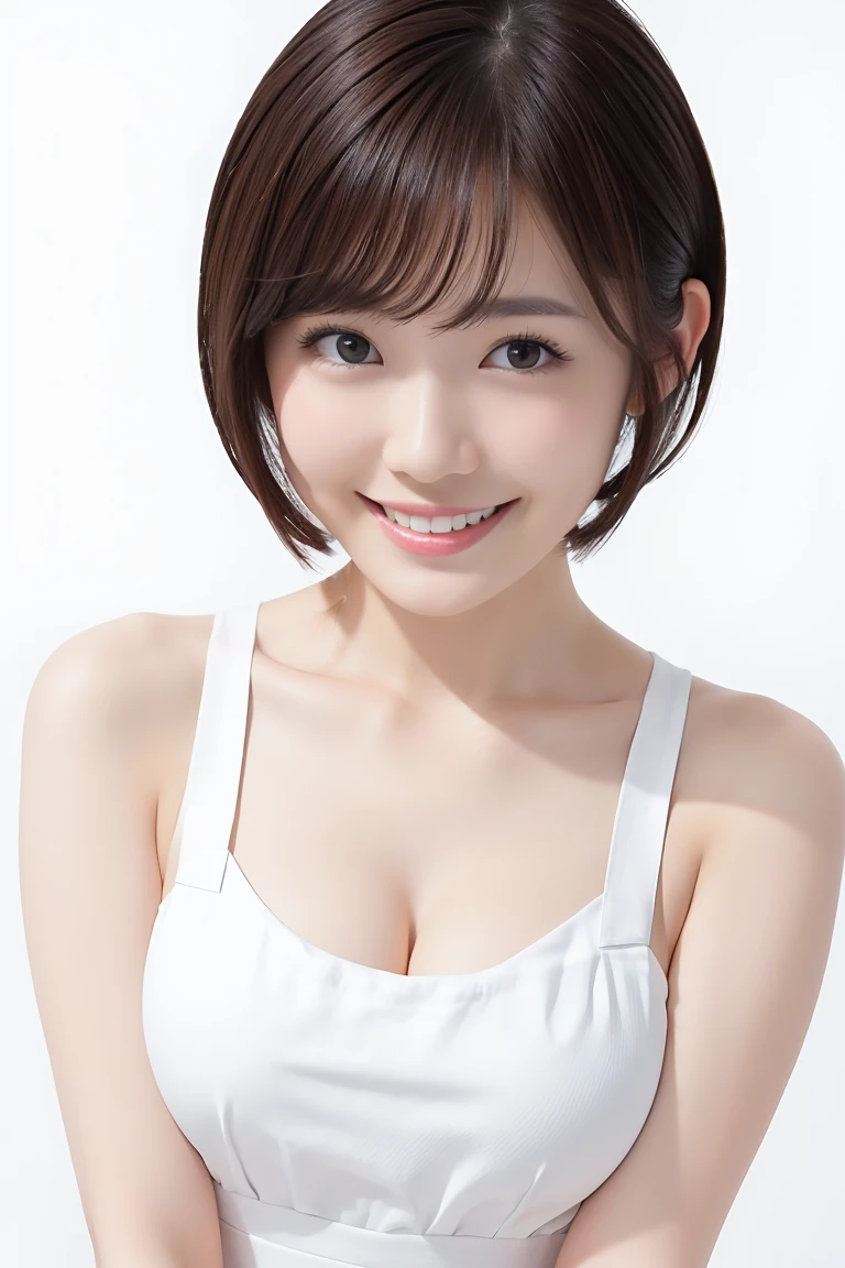 (Highest quality、Tabletop、8k、Best image quality、Award-winning works)、1. pretty girl、(Short Bob Hair:1.1)、(Naked with a white apron:1.2)、Perfect girl portrait photo、Glowing Skin、Brown Hair、(Large Breasts:1.5)、Cleavage、(Accentuate your body lines:1.1)、Standing Elegantly、(Face close-up:1.4)、Woman looking up at me、Cute Smile、(The simplest solid white background:1.5)