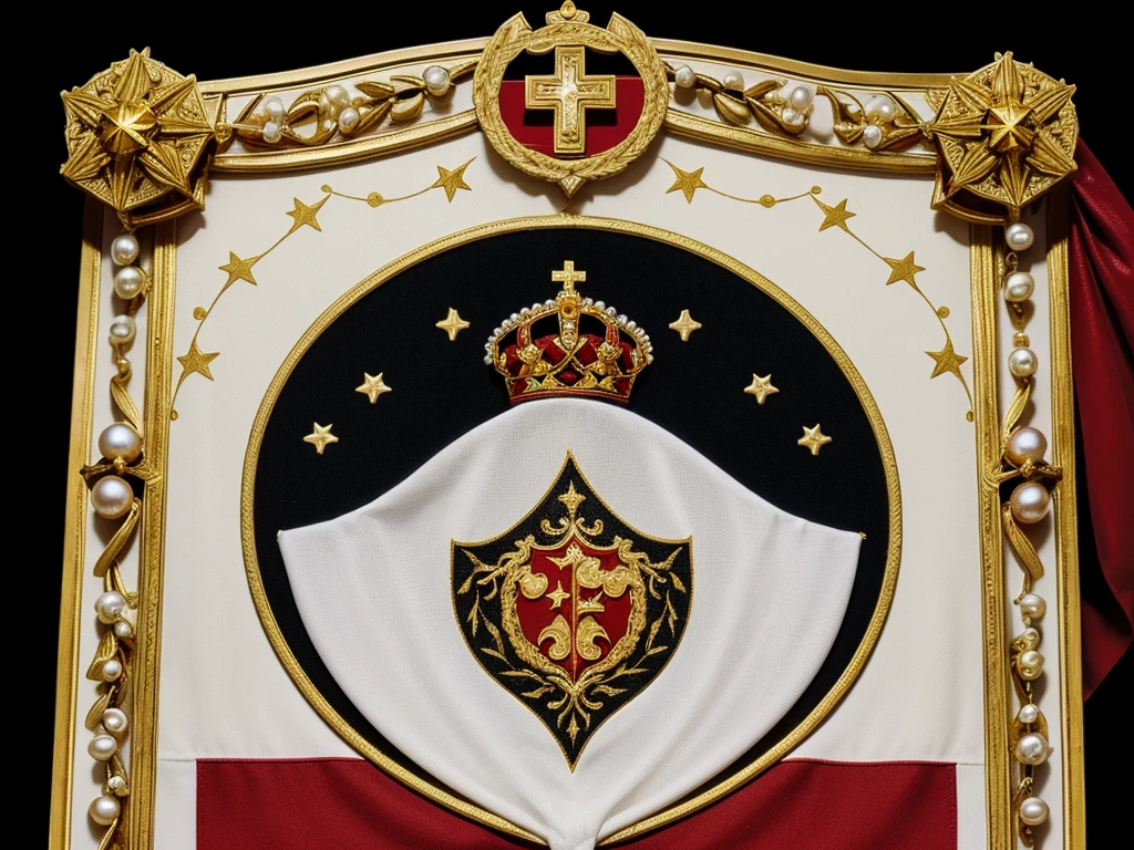 The image shows a coat of arms with a heraldic design. The shield is white with a gold border and is decorated with drop-shaped black spots, a design known as "arminius" that is traditionally used in heraldry. In the center of the shield is a Christian symbol known as the "Chrismon", which consists of the Greek letters "X" (Ji) and "P" (Ro) superimposed, which are the first two letters of "Christ" in Greek. This Chrismon is red and stands out clearly against the white background. The shield is surrounded by a red mantle with gold edges that falls on both sides and is gathered at the top with two golden bows. Above the shield, there is a golden royal crown decorated with multi-colored jewels and pearls. The crown has a golden cross on top, indicating a connection with the monarchy. Overall, the shield combines religious and monarchical elements, with predominant colors being red, gold, white and black.