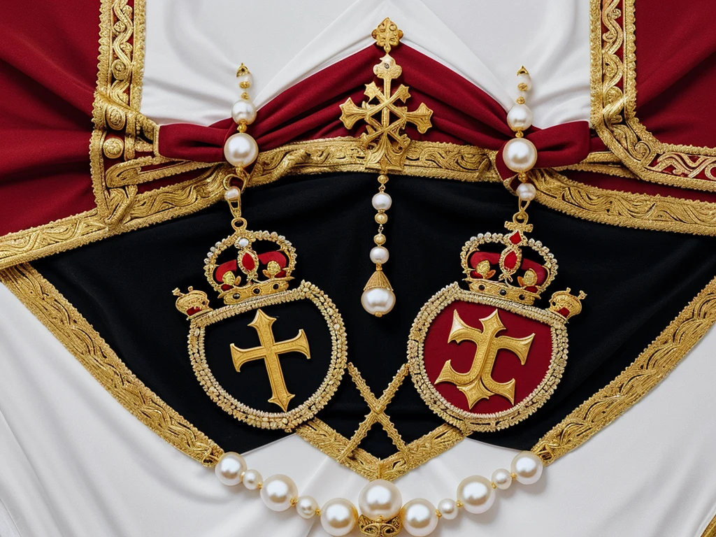 The image shows a coat of arms with a heraldic design. The shield is white with a gold border and is decorated with drop-shaped black spots, a design known as "arminius" that is traditionally used in heraldry. In the center of the shield is a Christian symbol known as the "Chrismon", which consists of the Greek letters "X" (Ji) and "P" (Ro) superimposed, which are the first two letters of "Christ" in Greek. This Chrismon is red and stands out clearly against the white background. The shield is surrounded by a red mantle with gold edges that falls on both sides and is gathered at the top with two golden bows. Above the shield, there is a golden royal crown decorated with multi-colored jewels and pearls. The crown has a golden cross on top, indicating a connection with the monarchy. Overall, the shield combines religious and monarchical elements, with predominant colors being red, gold, white and black.