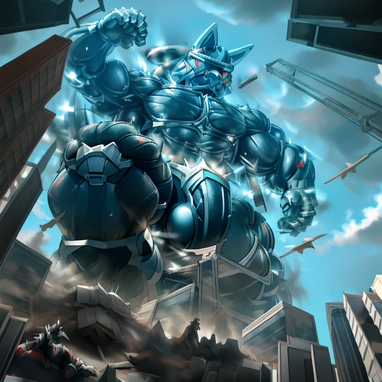 (masterpiece. official art. 8k. best quality. detailed full body. full body.)
A man in stylish armor fights against the magnificent biomechanical LUCARIO.
(situation 1 : dominating LUCARIO. focus GIANT mechanical Muscular LUCARIO is trampling the CITY. macro. stomp. Low-angle perspective. emphasizing the immense size. The perspective is from below, emphasizing the sheer majesty and power of the Giant. giant art. He is much bigger than a skyscraper. Giga Giants. micro soccer field. looking down. .)
(situation 2 :smoke and flames rising from the destruction in the city)
(Additional details 1: wearing a full-face helmet. helmet is jet black. The color of NANOSUIT is jet black. high-tech bio-mecha armor. real texture material. whole body shines like metal. Wearing cyberpunk mecha. emphasizes the muscles. suit fully made of metal. intricate armor. Robotic suit. suit fully made of metal. NANOSUIT with the same design as LUCARIO.).
(Additional details 2: (Detailed head. Detailed Body. Detailed abs. gigantic muscles. HYPER MUSCLES. Gigachad Muscular. big muscle. pecs. triceps. traps. unusually developed muscular body. body full of huge muscles. showing off muscles. pectorales enormes. Exaggeratedly huge muscles. huge muscles. long legs.).
(Additional details 3: nj5furry, Spread wings. It has wings. black have big wings. The claws are sharp. Sharp teeth.5 toes.). (Additional details 4: black color hyper penis. hyper black penis. big penis) (Additional details 6 : Spraying hyper cum up everywhere into the sky from his erect penis. wide spray of cum, covered in cum, cum splashing in front of camera, bukkake, earth is under a thick later of cum.) He is laughing defiantly.