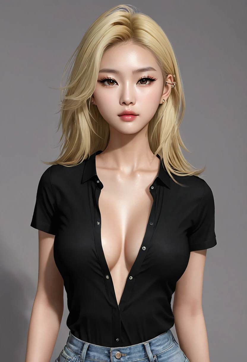 a pretty sexy blonde asian girl with almond eyes and slim body. You can see her entire body and she has everything very well defined. She has moles on her face and piercing. Wear a low-cut black shirt. She has long hair. She does different sexy poses. 