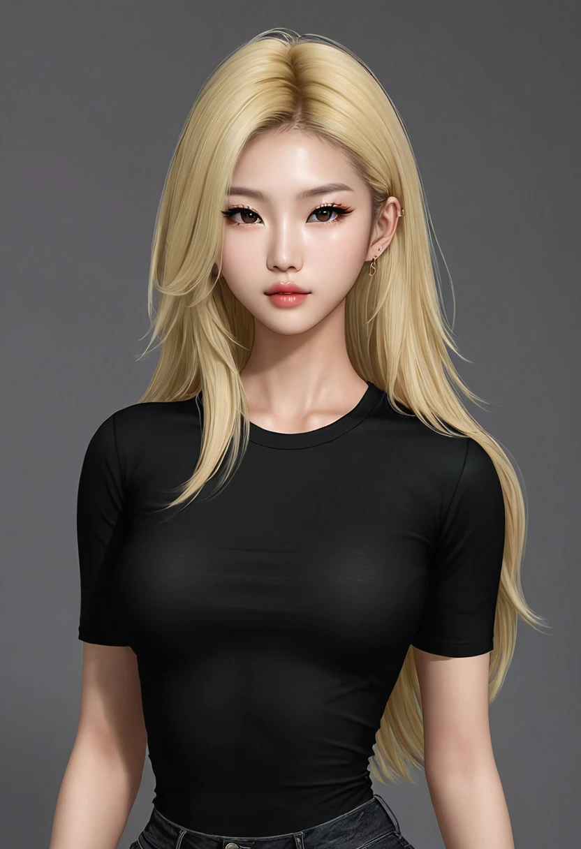 (best quality), 1girl, female, porcelain skin, blonde hair, straight hair, long hair, swoopy tips, Flipped-up ends, brown eyes, perfect eyes, crop turtleneck top, black skirt, slender, , small bust, shy, masterpiece, anatomically correct, highres
