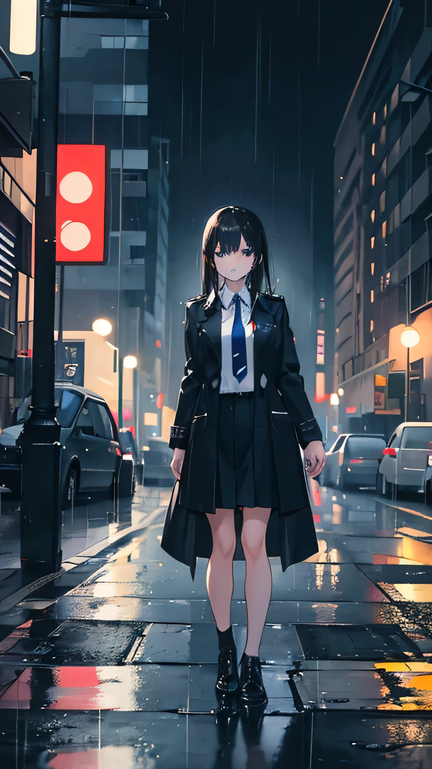 A girl with long black hair is walking through the city with no place to go, drenched in the rain. She is wearing a uniform of white shirt, blue tie, brown cardigan, and dark coat. She has nothing in her hands. The background is a rainy city with dim lighting and no one else around. The scene has a depressing atmosphere.