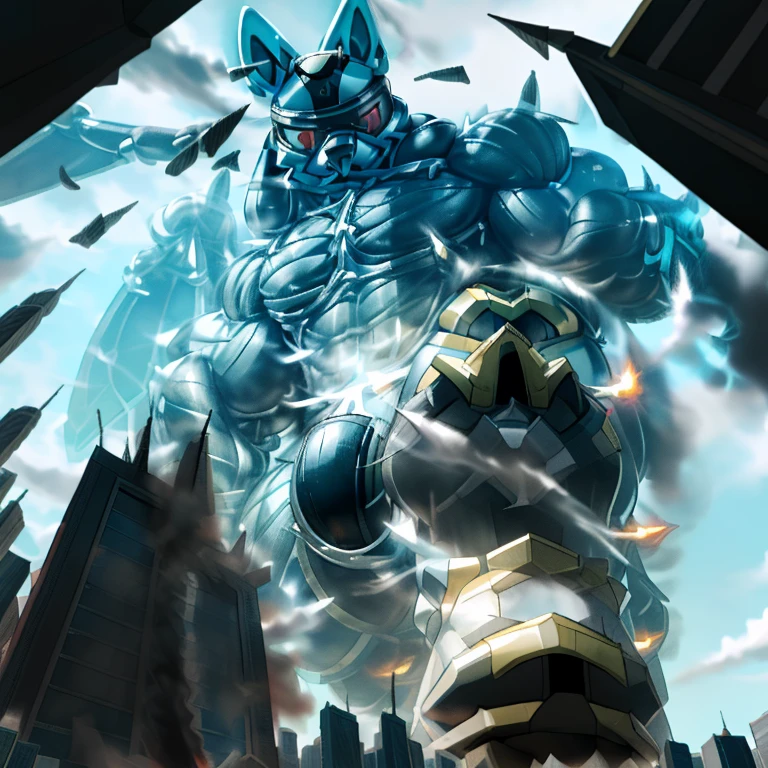 (masterpiece. official art. 8k. best quality. detailed full body. full body.) A man in stylish armor fights against the magnificent biomechanical LUCARIO. (situation 1 : dominating LUCARIO. focus GIANT mechanical Muscular LUCARIO is trampling the CITY. macro. stomp. Low-angle perspective. emphasizing the immense size. The perspective is from below, emphasizing the sheer majesty and power of the Giant. giant art. He is much bigger than a skyscraper. Giga Giants. micro soccer field. looking down. .) (situation 2 :smoke and flames rising from the destruction in the city) (Additional details 1: wearing a full-face helmet. helmet is jet black. The color of NANOSUIT is jet black. high-tech bio-mecha armor. real texture material. whole body shines like metal. Wearing cyberpunk mecha. emphasizes the muscles. suit fully made of metal. intricate armor. Robotic suit. suit fully made of metal. NANOSUIT with the same design as LUCARIO.). (Additional details 2: (Detailed head. Detailed Body. Detailed abs. gigantic muscles. HYPER MUSCLES. Gigachad Muscular. big muscle. pecs. triceps. traps. unusually developed muscular body. body full of huge muscles. showing off muscles. pectorales enormes. Exaggeratedly huge muscles. huge muscles. long legs.). (Additional details 3: nj5furry, Spread wings. It has wings. black have big wings. The claws are sharp. Sharp teeth.5 toes.). (Additional details 4: black color hyper penis. hyper black penis. big penis) (Additional details 6 : Spraying hyper cum up everywhere into the sky from his erect penis. wide spray of cum, covered in cum, cum splashing in front of camera, bukkake, earth is under a thick later of cum.) He is laughing defiantly.