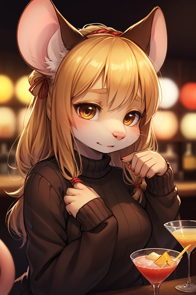rough sketch style , Hallucination, daydream , nightmare , Insane Dream , bokeh , erotica , realistic Japanese female mouse , round face , Seductive eyes , (Open the neckline with hands:0.9) , realistic long nose , hair tie , Bar, Cocktails , cheese , sweater