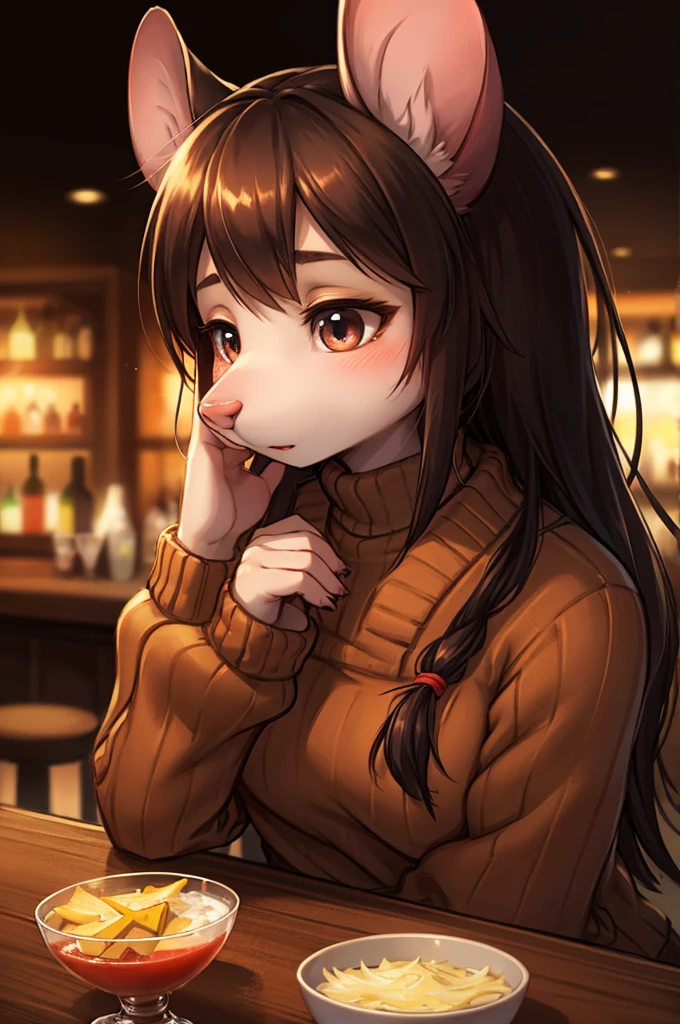 rough sketch style , Hallucination, daydream , nightmare , Insane Dream , bokeh , erotica , realistic Japanese female mouse , round face , Seductive eyes , (Open the neckline with hands:0.9) , realistic long nose , hair tie , Bar, Cocktails , cheese , sweater