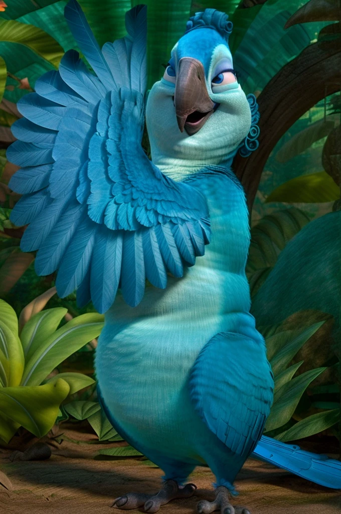 ((NSFW, sexual)), rio movie, jungle landscape, Mimi a female Spix macaw, Blue feathers, avian, ((anthro)), human body, furry, feathered arms, chubby body, ((exposing very big breasts, big ass, pussy)), standing, turquoise eyes, bedroom eyes, seductive, smiling, realistic, digitigrade legs, detailed eyes