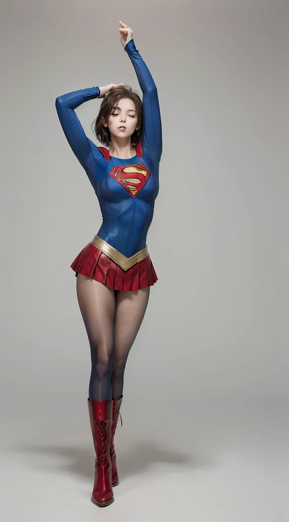 No background、extinct、She always has a troubled look on her face、Always close your eyes、Keep your arms up at all timesおく、Keep your arms up at all times、(((Beautiful legs in black tights.)))、(((Stretch your legs、expensive、あなたのsufferingを合法的に表現する)))、((((Make the most of your original images)))、(((Supergirl Costume)))、(((Beautiful short bob hair)))、(((suffering)))、(((Black tights legs、Wear red boots)))、((Best image quality、8k))、((Highest quality、8k、masterpiece:1.3))、(((Preserve background )))、Sharp focus:1.2、Beautiful woman with perfect figure:1.4、Slim Abs:1.2、Wet body:1.5、Highly detailed face and skin texture、8k