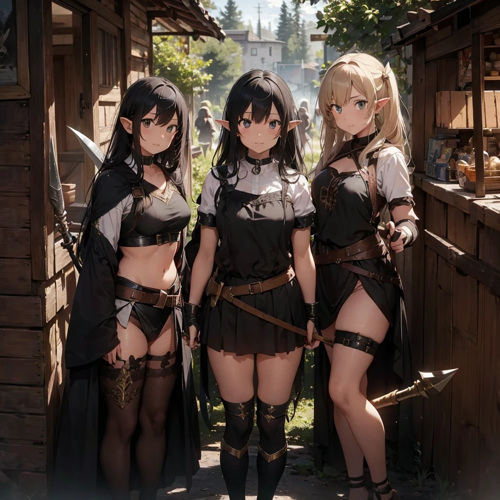 a scene of group of women are posing in wood weapon, BLACK armor, polearm, pointy ears, multiple girl, spear, nature, , elf , BLACK HAIR