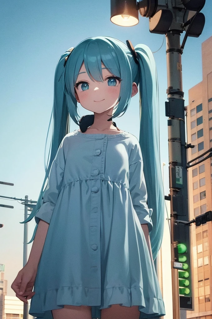 Traffic lights flashing blue against the sky、There is a woman looking up at a traffic light floating in the sky., Light blue long hair、Beautiful girl with twin tails、Bright smile、The traffic light is flashing green、 Lo-fi art style, Nostalgic and melancholic artwork, 