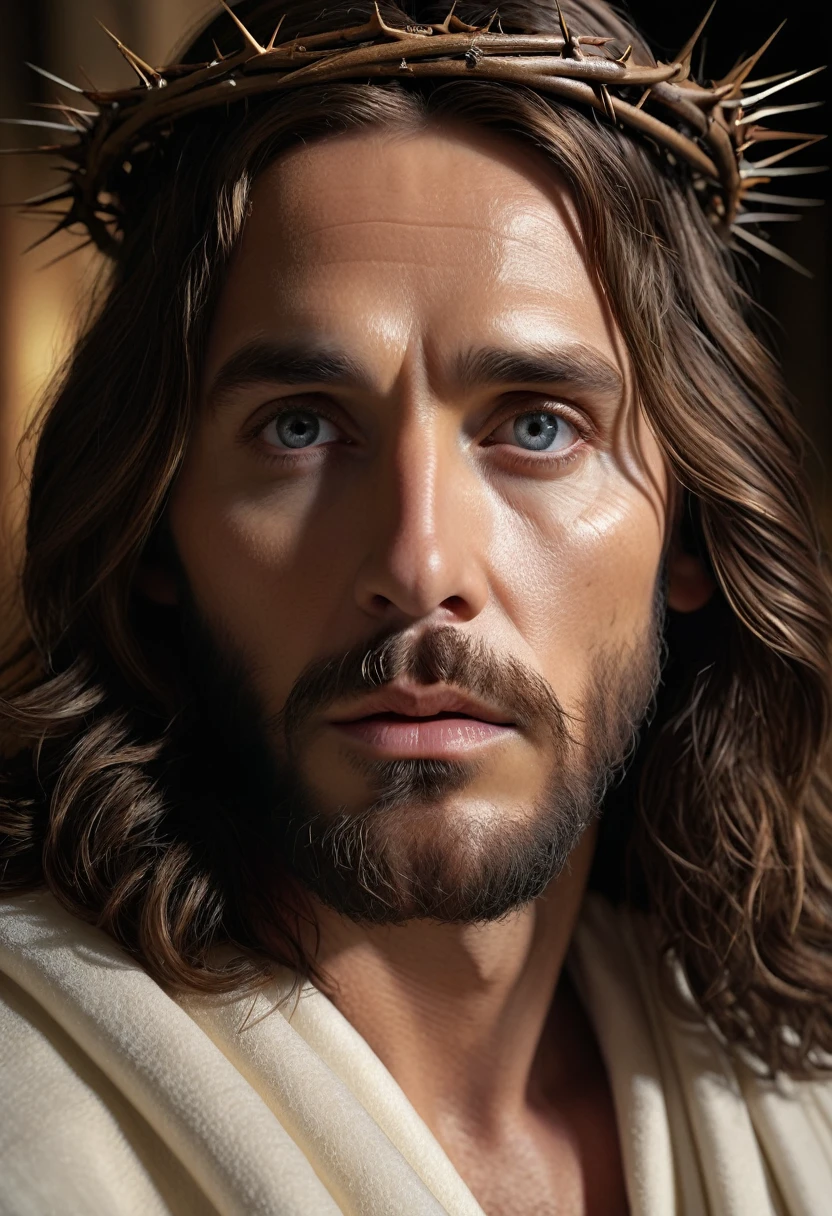 detailed portrait of Jesus Christ, 1 man, realistic, photorealistic, highly detailed face, beautiful detailed eyes, beautiful detailed lips, extremely detailed skin and facial features, serene expression, long hair, crown of thorns, robes, dramatic lighting, chiaroscuro, divine, spiritual, religious, atmospheric, cinematic
