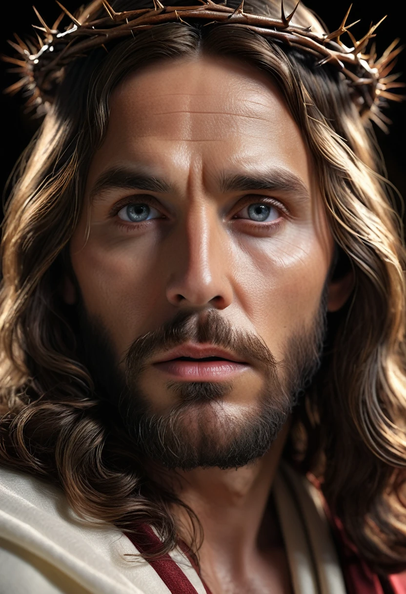 detailed portrait of Jesus Christ, 1 man, realistic, photorealistic, highly detailed face, beautiful detailed eyes, beautiful detailed lips, extremely detailed skin and facial features, serene expression, long hair, crown of thorns, robes, dramatic lighting, chiaroscuro, divine, spiritual, religious, atmospheric, cinematic