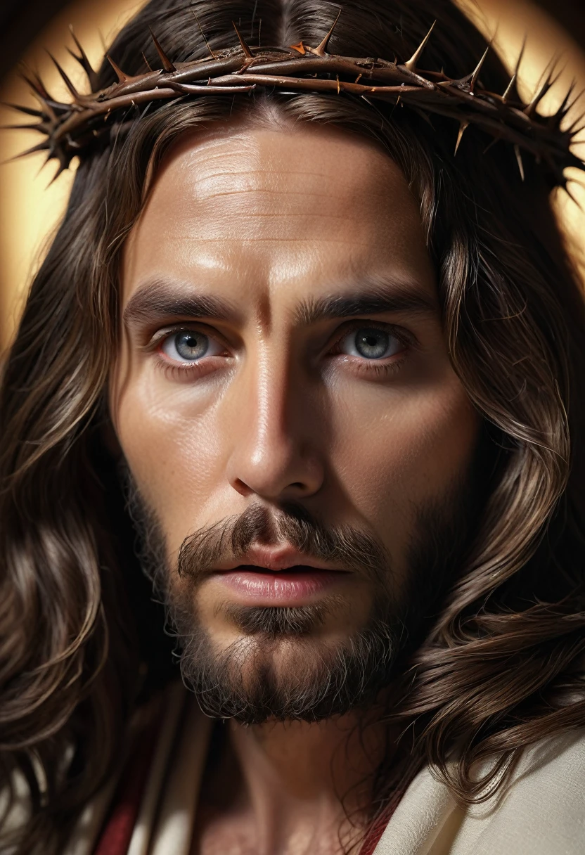 detailed portrait of Jesus Christ, 1 man, realistic, photorealistic, highly detailed face, beautiful detailed eyes, beautiful detailed lips, extremely detailed skin and facial features, serene expression, long hair, crown of thorns, robes, dramatic lighting, chiaroscuro, divine, spiritual, religious, atmospheric, cinematic