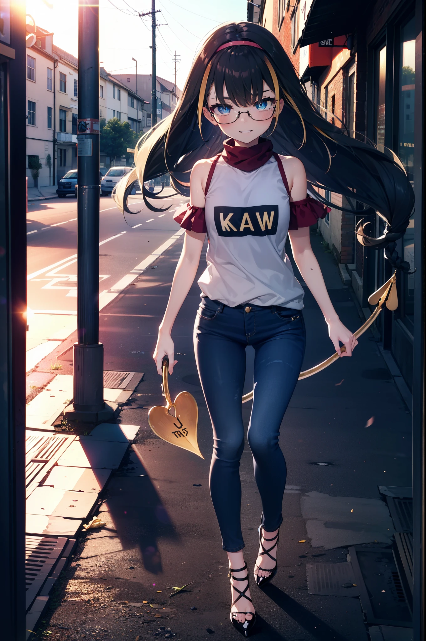 small, small, Black Hair, blue eyes, demon tail, hair band, Long Hair, mechanical tail, Multicolored Hair, tail, smile,Grin,tooth,Black-rimmed glasses,Cold shoulder tops,Short sleeve,Skinny jeans,Stiletto heels,morning,morning陽,The sun is rising,Walking,whole bodyがイラストに入るように,
break looking at viewer, whole body,
break outdoors,Building district,
break (masterpiece:1.2), Highest quality, High resolution, unity 8k wallpaper, (figure:0.8), (beautiful detailed eyes:1.6), extremely detailed face, Perfect lighting, extremely detailed CG, (Perfect hands, Perfect Anatomy),