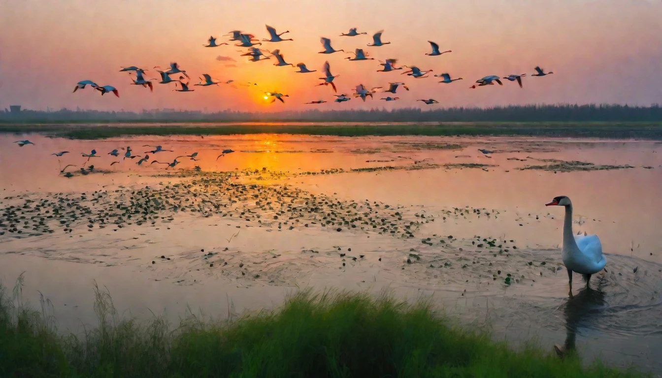 Sunset scene,Golden,China Tiaozini Wetland,Red Suaeda,Hundreds of swans are flying in the sky,Elk jumping in the water,There is a big bird in the lower right corner,HD,4k,raw,Photography masterpieces by international masters
