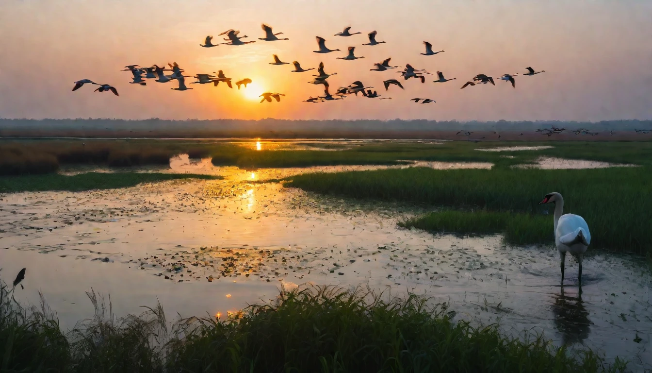 Sunset scene,Golden,China Tiaozini Wetland,Red Suaeda,Hundreds of swans are flying in the sky,Elk jumping in the water,There is a big bird in the lower right corner,HD,4k,raw,Photography masterpieces by international masters