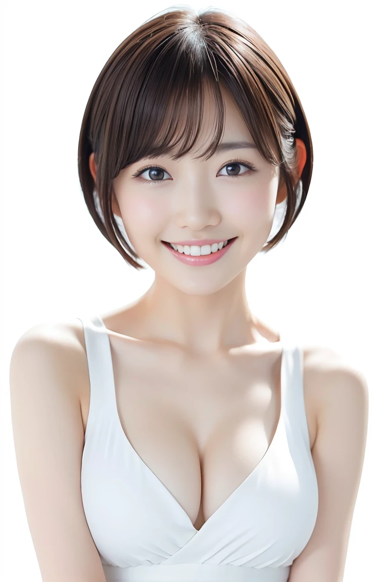 (Highest quality、Tabletop、8k、Best image quality、Award-winning works)、1. pretty girl、(short hair:1.1)、(Naked with a white apron:1.2)、Perfect girl portrait photo、Glowing Skin、Brown Hair、(Large Breasts:1.7)、(Accentuate your body lines:1.1)、Standing Elegantly、(Face close-up:1.3)、Woman looking up at me、Cute Smile、(The simplest solid white background:1.5)