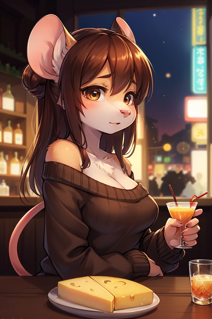 rough sketch style , Hallucination, daydream , nightmare , Insane Dream , bokeh , erotica , realistic Japanese female mouse , round face , Seductive eyes , (Open the neckline with hands) , realistic long nose , hair tie , Bar, Cocktails , cheese , sweater