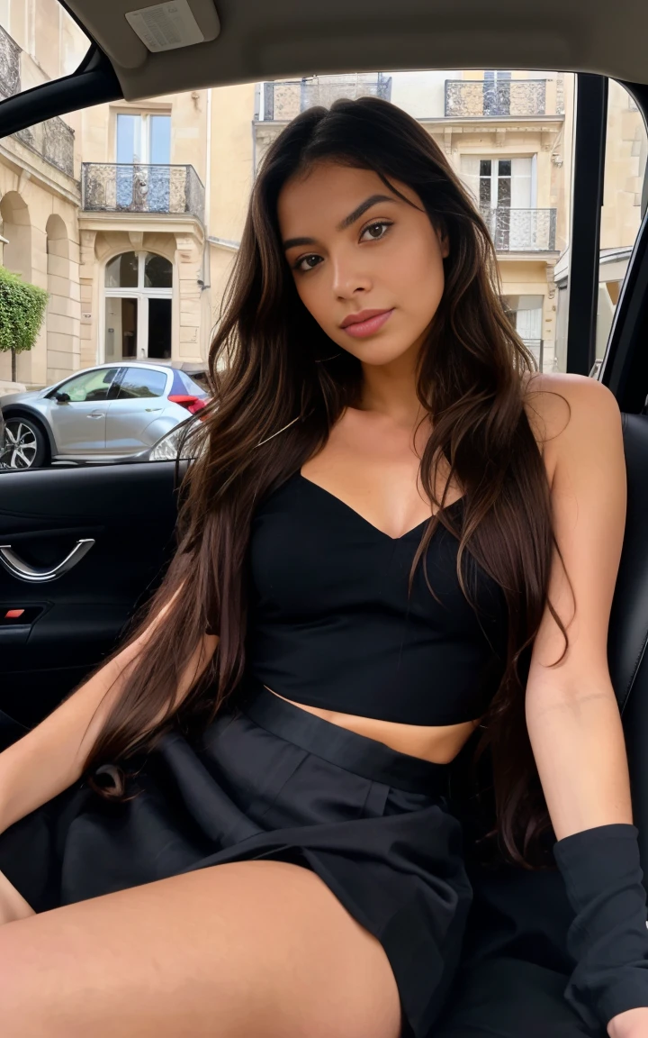 1 femme, Long wavy hair, dark brown eyes, vêtement de luxe  devant  l'hôtel attendu par une voiture de luxe