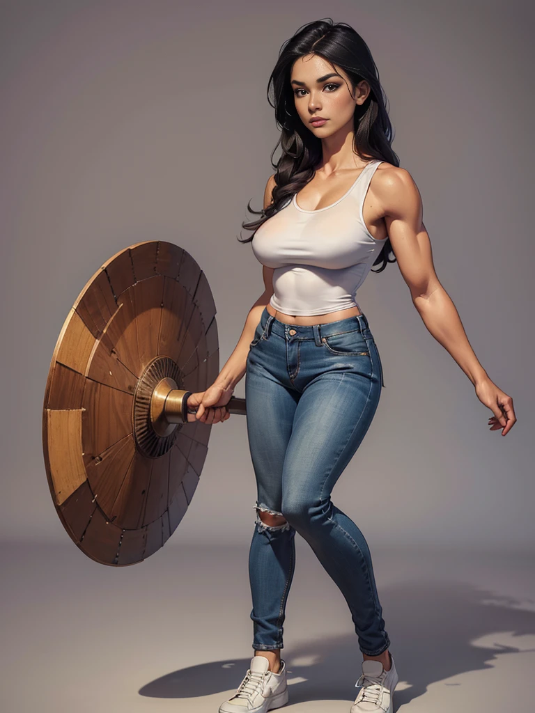 ((best quality)), ((4k)), ((highres)), ((masterpiece:1.2)). ((detailed)), ((ultra realistic)), ((intricate details)), ((full body picture)), ((character design sheet)), ((blank background)), ((standing in a blank background)), a full body shot of a beautiful native american female, native american beauty, ((emphasis on her complexion)), ((black hair)), perfect face, gorgeous face, detailed eyes, detailed lips, about 5'10 tall, about 25 years old, mediuml-sized breasts, c cup breasts, athletic body, muscular arms, muscular and feminine, dressed in a tank top and very tight jeans