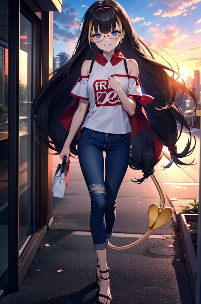 small, small, Black Hair, blue eyes, demon tail, hair band, Long Hair, mechanical tail, Multicolored Hair, tail, smile,Grin,tooth,Black-rimmed glasses,Cold shoulder tops,Short sleeve,Skinny jeans,Stiletto heels,morning,morning陽,The sun is rising,Walking,whole bodyがイラストに入るように,
break looking at viewer, whole body,
break outdoors,Building district,
break (masterpiece:1.2), Highest quality, High resolution, unity 8k wallpaper, (figure:0.8), (beautiful detailed eyes:1.6), extremely detailed face, Perfect lighting, extremely detailed CG, (Perfect hands, Perfect Anatomy),