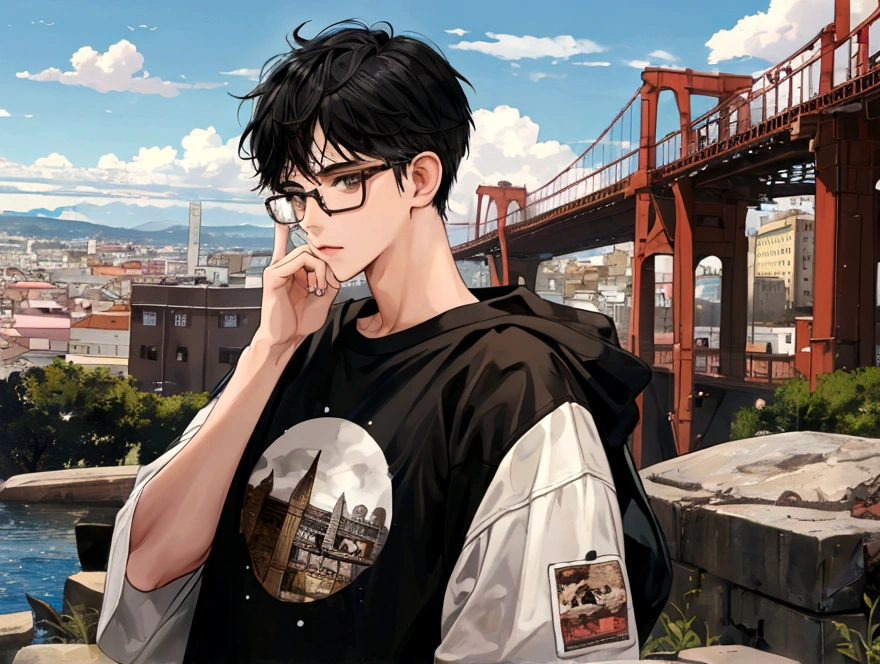 a boy with glasses, Messy black hair, moletom marrom, camiseta preta, luvas pretas sem dedos, paisagem de cidade no fundo