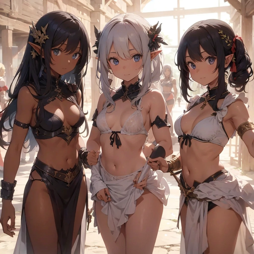 a scene of group of women are posing in wood weapon, BLACK armor, polearm, pointy ears, multiple girl, spear, nature, , elf , BLACK HAIR
