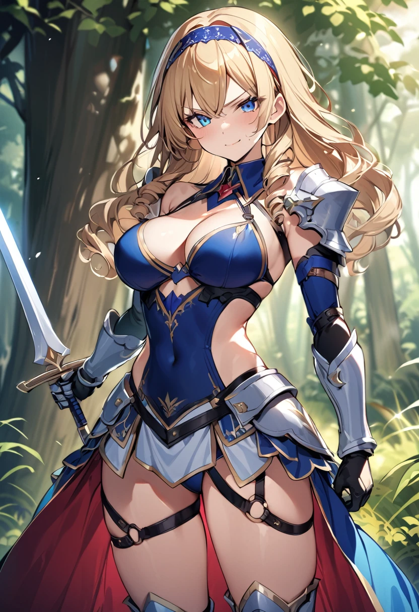 1girl, long hair, blonde hair, drill hair, blue eyes, headband, bikini, armor, detached collar, single pauldron, gauntlets, greaves, showgirl skirt, standing, outdoors, forest, holding sword, smug, looking at viewer, cowboy shot score_9, score_8_up, score_7_up, score_6_up, score_5_up, score_4_up, BREAK source_anime, masterpiece
