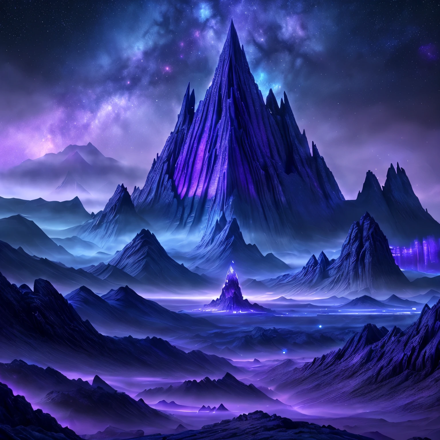 Close-up of a violet blue landscape with a mountain and starry sky, Symmetrical fantasy landscape, Galactic Temple, Epic fairytale fantasy landscape, Fantasy space, greg beeple, Mystical fantasy landscape, detailed dream landscape, Highly detailed 4K digital art, Fantastic Planet, Beautiful alien landscape, surreal alien kingdom, impressive fantasy landscape, Cosmic landscape

