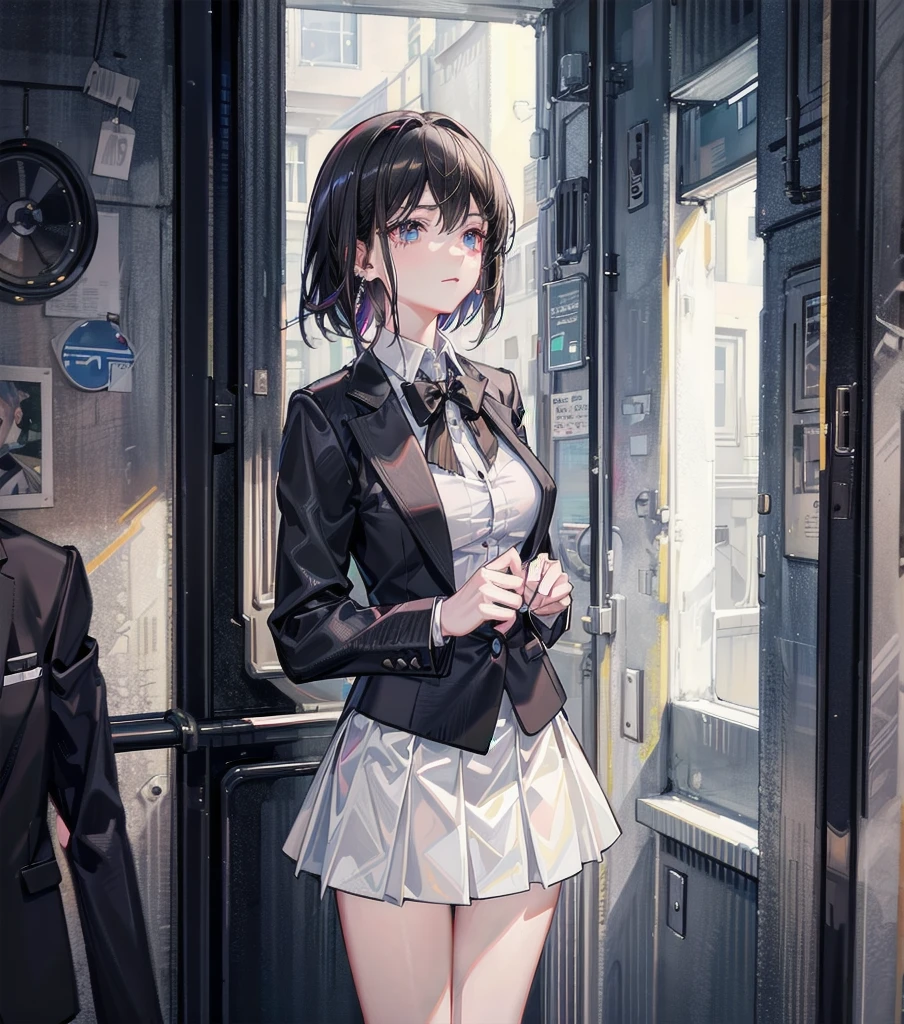 RAW photo, extremely delicate and beautiful, masterpiece, Best Quality, ultra high resolution, 16k, photorealistic, ultra detailed description, pale skin, in her 20s, whole body, medium tits, medium hair, black hair, tearful mole, earring, business suit, skirt,