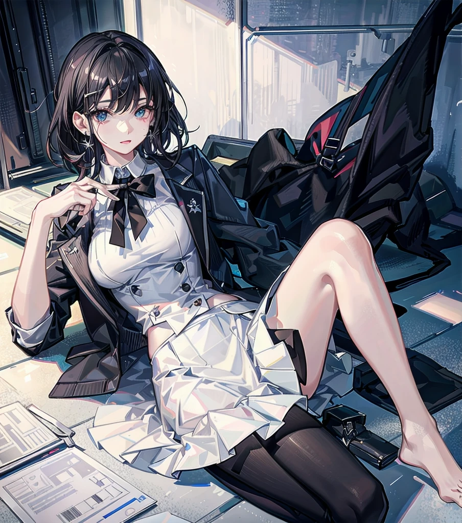 RAW photo, extremely delicate and beautiful, masterpiece, Best Quality, ultra high resolution, 16k, photorealistic, ultra detailed description, pale skin, in her 20s, whole body, medium tits, medium hair, black hair, tearful mole, earring, business suit, skirt,
