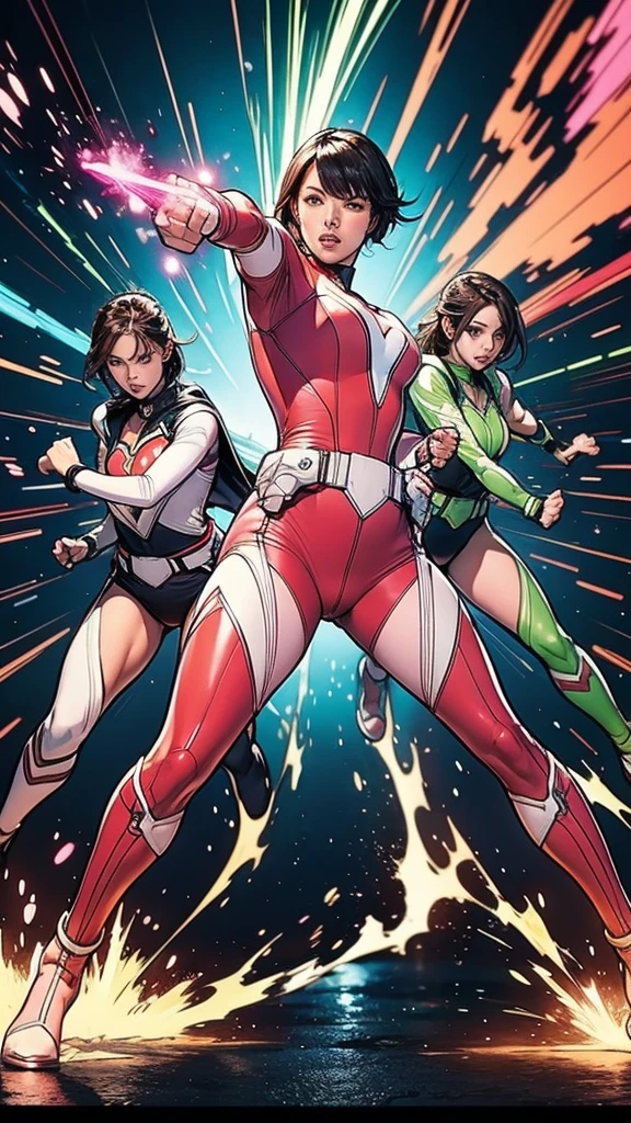 Solo, A brave and courageous image of a 6 member ranger team, Each one is decorated in vibrant colors such as:: ((Pink)), red is front of center, violet, Green, yellow, blue black, white,. Dynamic poses in a background that exudes energy and courage, neon, fire, plasma, Fluorescent, shocking, pink big bomber, splashing pink, running, fighting pose, action pose, Embodying the essence of the classic Sentai superhero team. Each Ranger:: The attire is sophisticated and modern, Each color has elements that reflect its theme., Ready for action. ((Camel Toe)), weapons, in sunset background , in cinematic lighting, cover art mixed cinema poster style,