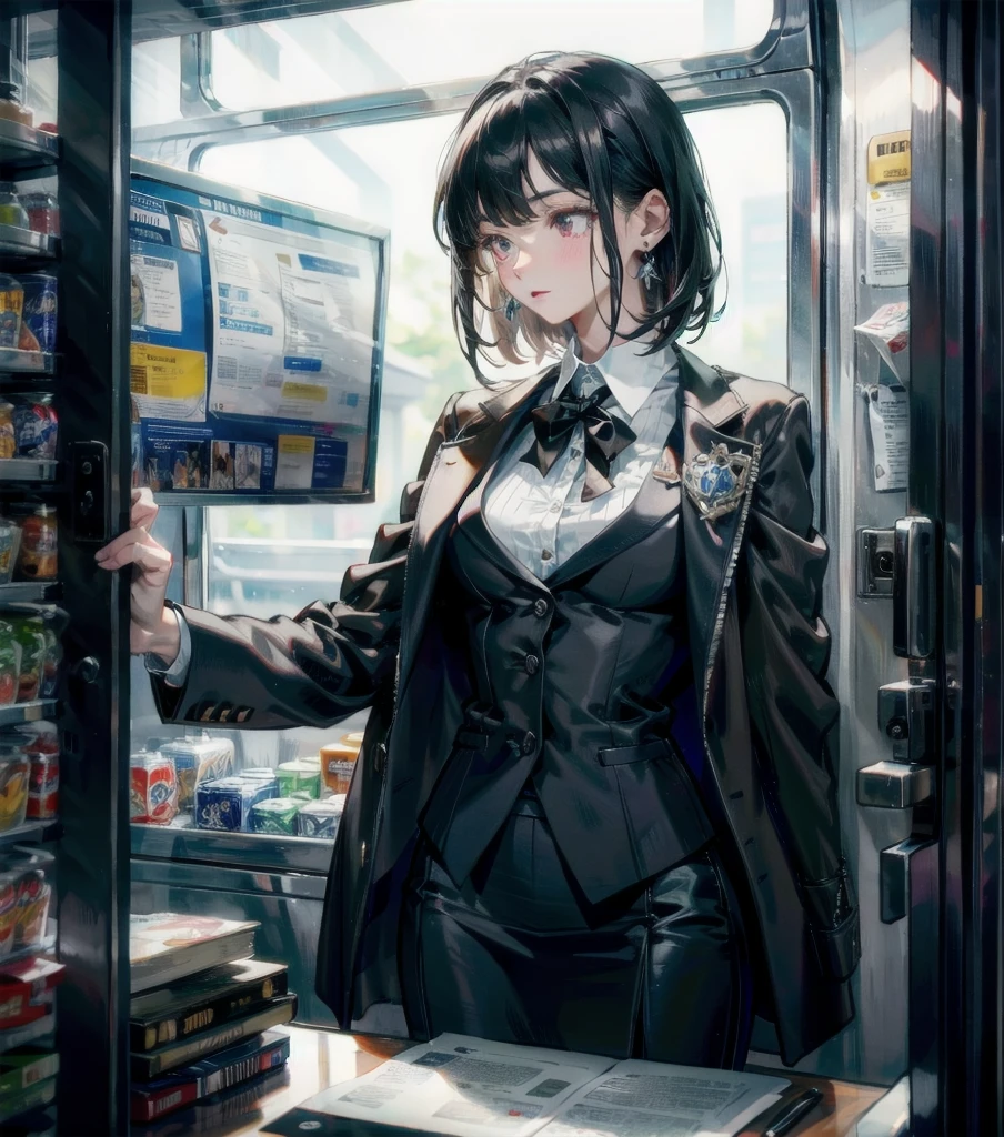 RAW photo, extremely delicate and beautiful, masterpiece, Best Quality, ultra high resolution, 16k, photorealistic, ultra detailed description, pale skin, in her 20s, whole body, medium tits, medium hair, black hair, tearful mole, earring, business suit, skirt,