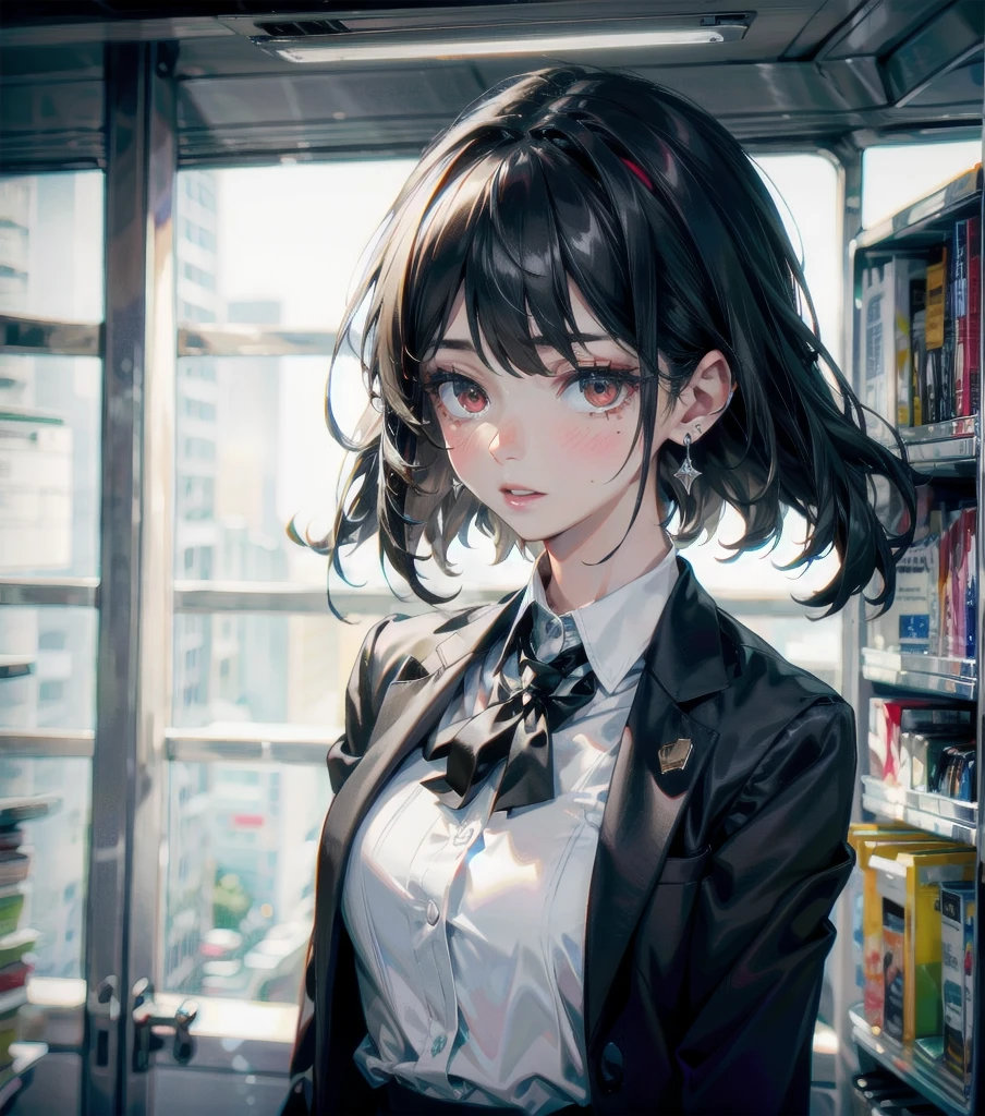 RAW photo, extremely delicate and beautiful, masterpiece, Best Quality, ultra high resolution, 16k, photorealistic, ultra detailed description, pale skin, in her 20s, whole body, medium tits, medium hair, black hair, tearful mole, earring, business suit, skirt,
