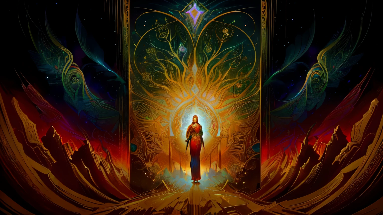 pintura de um homem parado em frente a uma porta com uma luz brilhante, estilo dan mumford e alex grey, visionary art style, visuais de outro mundo, e Mumford Tom Bagshaw, Anton Fadeev e Dan Mumford, radiating digital illustration, Beksinski e Mumford, digital visionary art, DMT shamanic epic art, no estilo dan mumford obra de arte