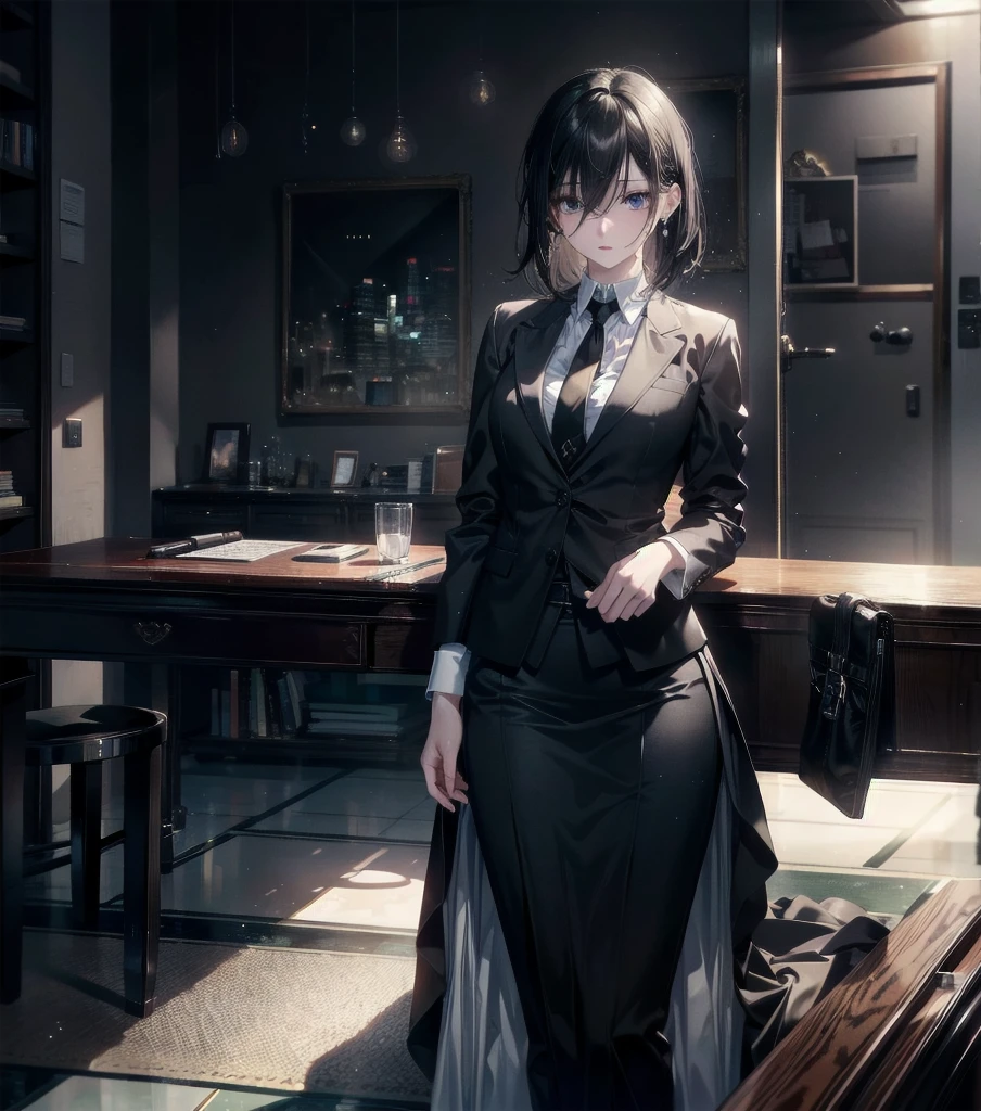RAW photo, extremely delicate and beautiful, masterpiece, Best Quality, ultra high resolution, 16k, photorealistic, ultra detailed description, pale skin, in her 20s, whole body, medium tits, medium hair, black hair, tearful mole, earring, business suit, skirt,