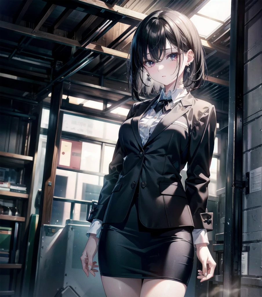 RAW photo, extremely delicate and beautiful, masterpiece, Best Quality, ultra high resolution, 16k, photorealistic, ultra detailed description, pale skin, in her 20s, whole body, medium tits, medium hair, black hair, tearful mole, earring, business suit, skirt,