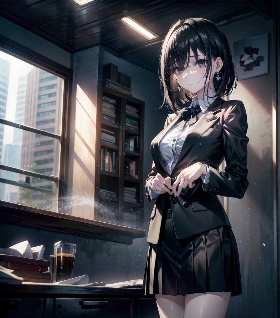 RAW photo, extremely delicate and beautiful, masterpiece, Best Quality, ultra high resolution, 16k, photorealistic, ultra detailed description, pale skin, in her 20s, whole body, medium tits, medium hair, black hair, tearful mole, earring, business suit, skirt,