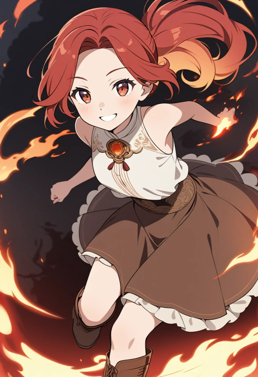 20 years old girl, long red hair, wears a ponytail, red eyes, always smiling. She dresses in an antique style, wearing a short brown skirt with black shorts underneath, ending above the knees. She wears knee-high brown boots. Her white blouse is sleeveless and features red details. She possesses fire powers and has a fire-themed background."