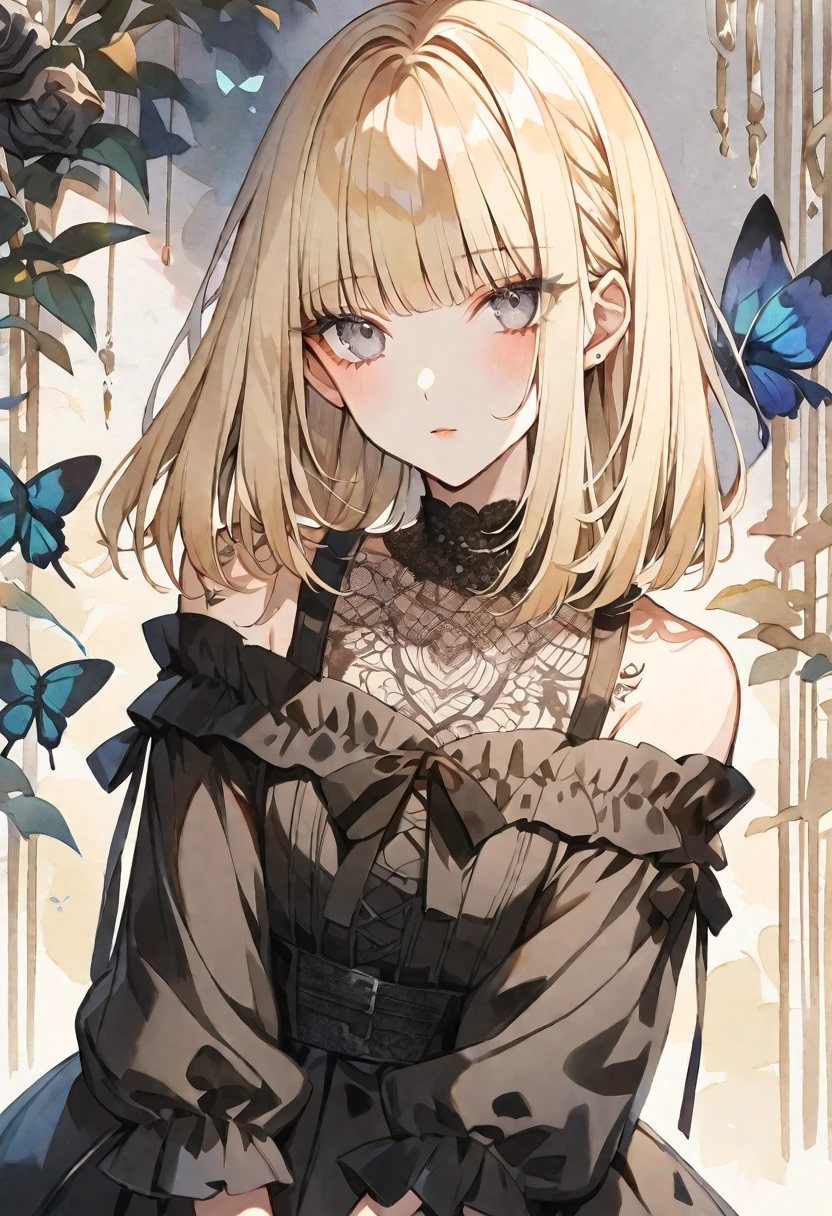 solo, handsome, Watercolor,
1. Female,
Hime cut,Straight Hair,Bob Hair,
Light blonde hair,
Grey Eyes,Soft look,Lolita,butterfly々Tattoo,
black Off Shoulder,Thin knit,
skin,Black Rose,
Stylish bar background,
