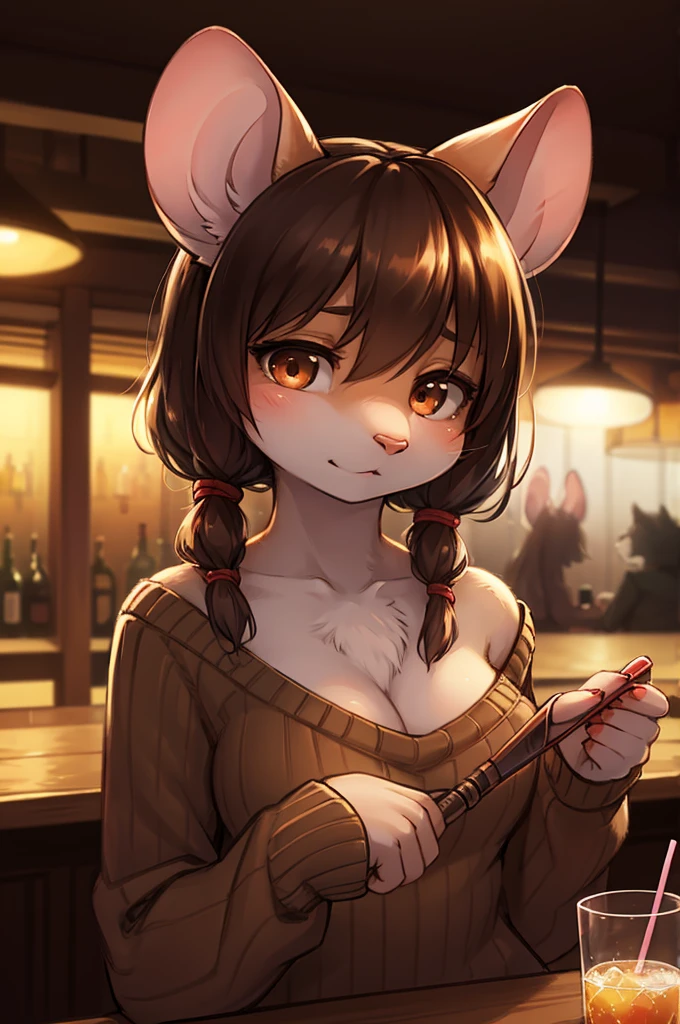 rough sketch style , Hallucination, daydream , nightmare , Insane Dream , bokeh , erotica , realistic Japanese female mouse , round face , Seductive eyes , (Open the neckline with hands) , realistic long nose , hair tie , Bar, Cocktails , cheese , sweater