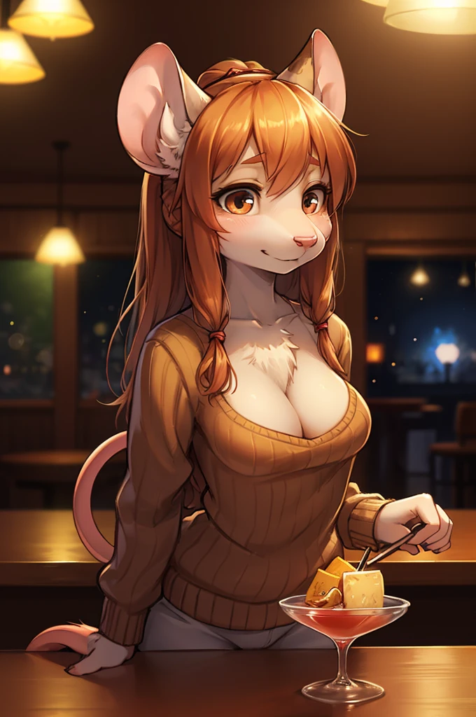 rough sketch style , Hallucination, daydream , nightmare , Insane Dream , bokeh , erotica , realistic Japanese female mouse , round face , Seductive eyes , (Open the neckline with hands) , realistic long nose , hair tie , Bar, Cocktails , cheese , sweater