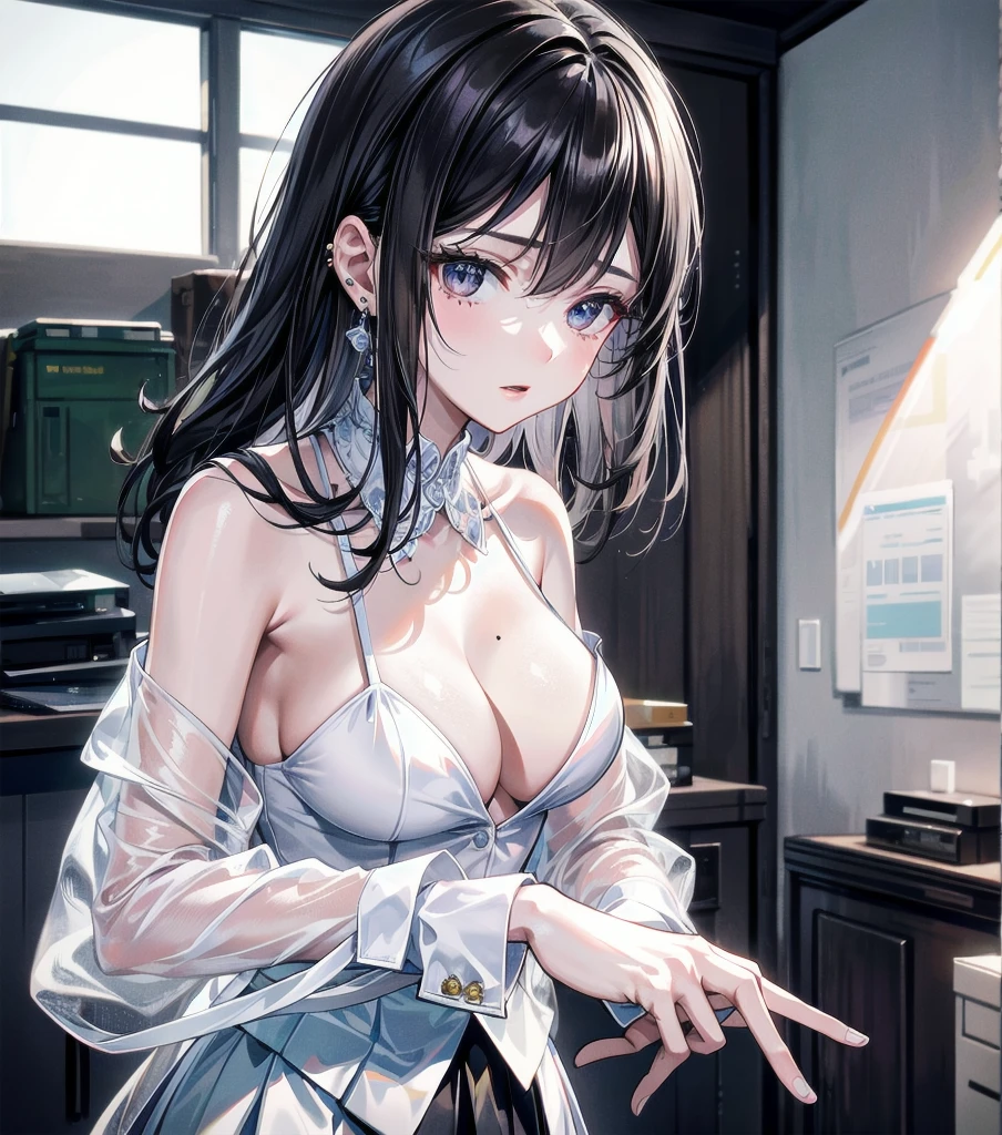 RAW photo, extremely delicate and beautiful, masterpiece, Best Quality, ultra high resolution, 16k, photorealistic, ultra detailed description, pale skin, in her 20s, whole body, medium tits, medium hair, black hair, tearful mole, earring, business suit, skirt,