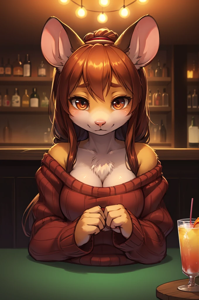 rough sketch style , Hallucination, daydream , nightmare , Insane Dream , bokeh , erotica , realistic Japanese female mouse , round face , Seductive eyes , (Open the neckline with hands) , realistic long nose , hair tie , Bar, Cocktails , cheese , sweater