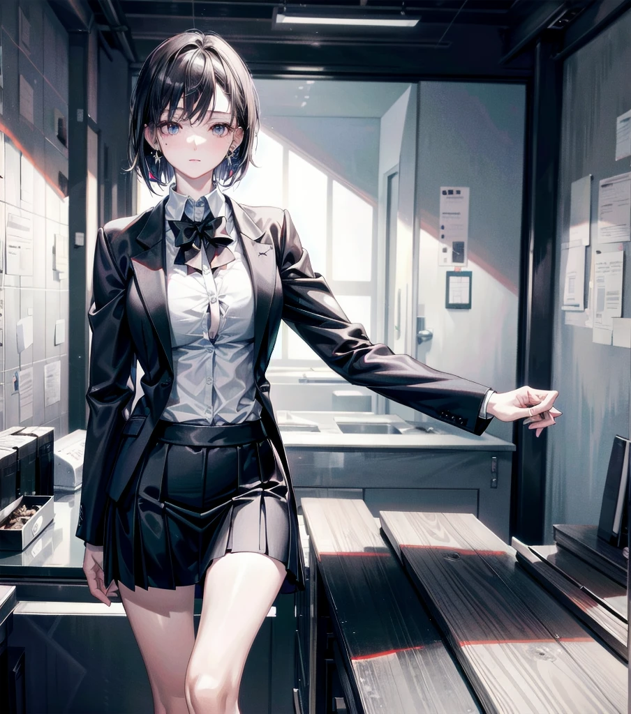 RAW photo, extremely delicate and beautiful, masterpiece, Best Quality, ultra high resolution, 16k, photorealistic, ultra detailed description, pale skin, in her 20s, whole body, medium tits, medium hair, black hair, tearful mole, earring, business suit, skirt,