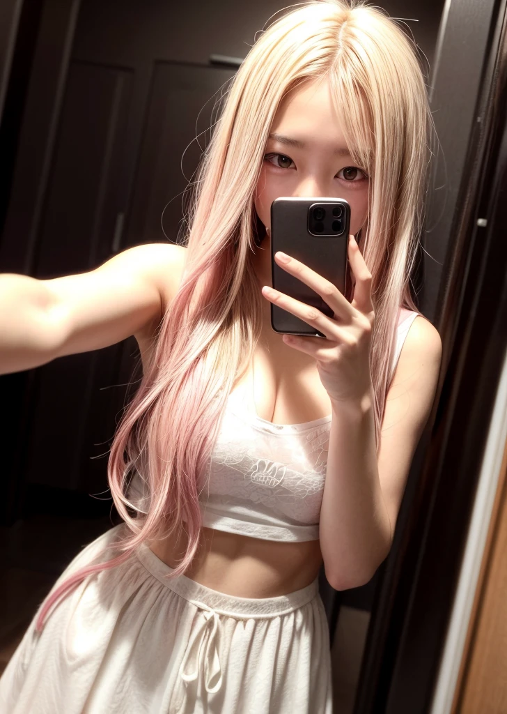 taken with iphone camera BREAK medium shot selfie of a cute young japanese woman BREAK (ombre:1.3) blonde pink BREAK film grain, medium quality