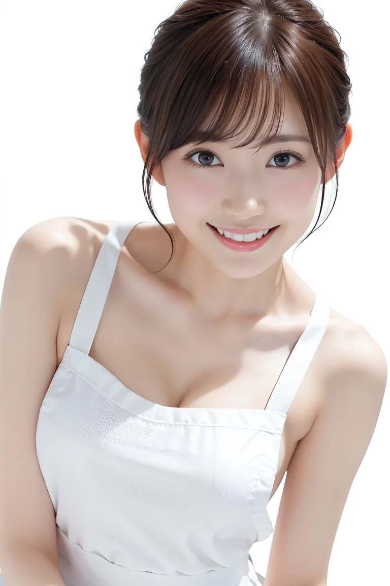 (Highest quality、Tabletop、8k、Best image quality、Award-winning works)、1. pretty girl、(short hair:1.1)、(Naked with a white apron:1.2)、(The perfect pure white apron:1.3)、Perfect girl portrait photo、Glowing Skin、Brown Hair、(Large Breasts:1.3)、(Accentuate your body lines:1.1)、Standing Elegantly、(Face close-up:1.3)、Woman looking up at me、Cute Smile、(The simplest solid white background:1.5)